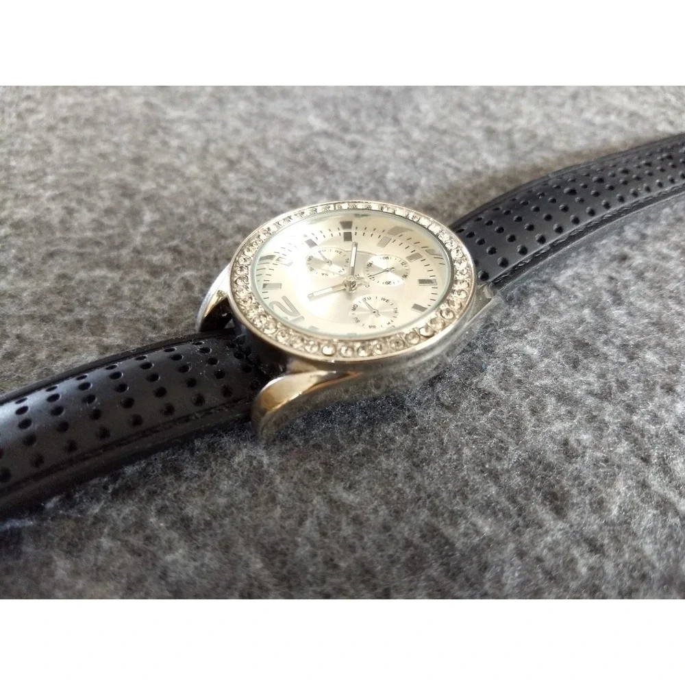 Accutime Embellished Bezel Watch Stainless Steel Case 3 SubDials Black Strap NEW